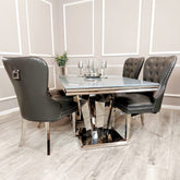 Athena Light Grey Marble 1.8m Dining Table With Set Of 4 Mayfair Dark Grey Leather Dining Chairs ALL With Plain Back/Square Knocker